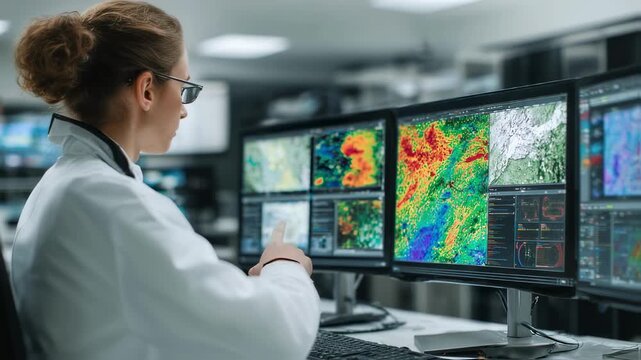 Side view of a geospatial analyst analyzing satellite maps and geographic data sequences in a modern lab environment preparing visual reports for environmental assessments. - Powered by Adobe