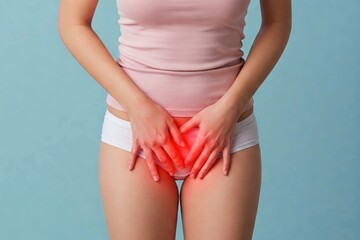 Woman with hands on lower abdomen, red glow highlighting pelvic pain. Suitable for health and medical content.