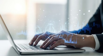 Close up of hands typing on a laptop computer with glowing digital data visualizations overlayed