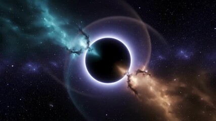 Black hole with a thin luminous accretion ring, spiraling teal and amber nebula streams and a sharp starfield - Powered by Adobe