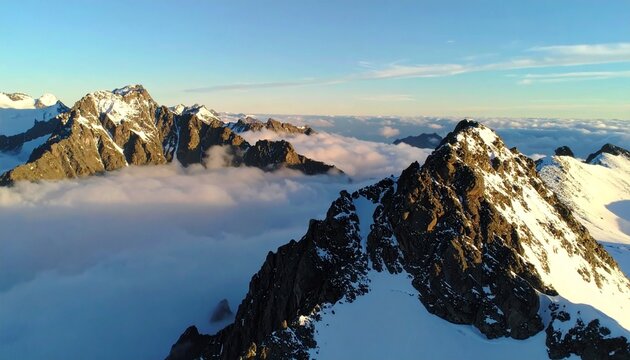 Aerial view of jagged mountain peaks, snow-capped summits, and swirling clouds. - Powered by Adobe