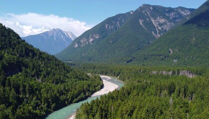 Obraz premium Breathtaking Aerial View of Mountain Landscape with River and Lush Forest, Drone Shot