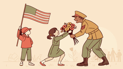 American soldier welcomed by children with flowers and waving flag