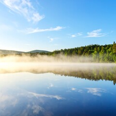 Fototapeta premium Misty lake sunrise landscape