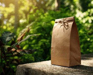 A simple brown paper bag, tied with twine, sits on a stone surface outdoors in a sun-dappled forest setting