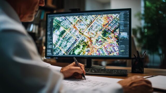 Urban planner reviewing zoning documents while using computer software to optimize city infrastructure and residential planning.