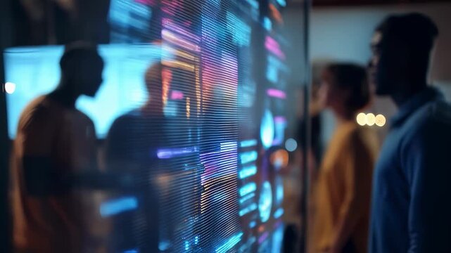 Medium shot of a digital whiteboard showing varied joke options illuminated by soft light as blurred team members discuss highlighting futuristic AI tools enhancing sitcom writing