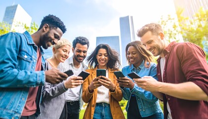 Obraz premium A diverse group of young people stand in a circle outdoors, each engrossed in their smartphones, with a bright blue sky and green grass visible.