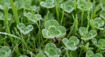 Fresh Green Clover with Dew Drops on Lush Grass Macro Shot