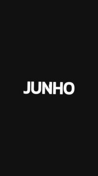 Repeating circular animation of the word &ldquo;JUNHO&rdquo; with background text moving left and right and central circle expanding.