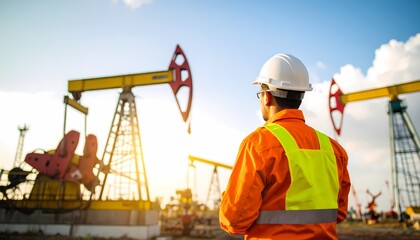 A worker in a hard hat and safety vest observes oil pumpjacks operating in an industrial field under a bright sky.