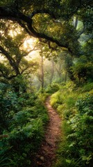 Naklejka premium Winding Path Through Lush Green Forest at Sunrise