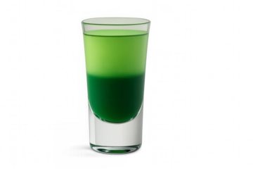 Studio macro of a two-tone green mexican shot with vivid emerald and lime layers, sharp separation, centered and isolated on a transparent background (alpha). No pouring, no people.