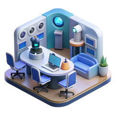 Futuristic isometric laboratory office with technology and furniture isolated on transparent background