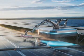 Obraz premium Autonomous Solar Panel Cleaning Robot — Futuristic Renewable Energy Maintenance Technology