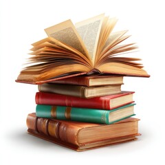 Stack of antique books, open book on top