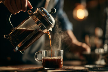 Premium coffee promotional advertisement barista pouring coffee into a glass