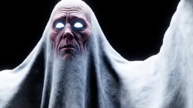 Ghost apparition in darkness &ndash; Terrifying white ghost floating in pitch-black background, realistic eerie motion, glowing face, ultra-detailed horror animation.