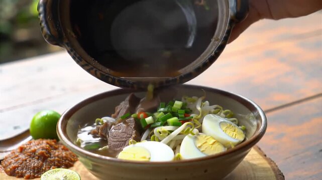 Delicious Rawon, traditional Indonesian black beef soup from East Java. Served with egg, bean sprouts, and sambal on a rustic wooden table.