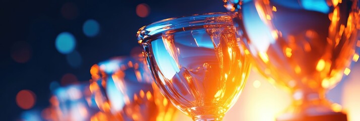 A row of trophies are lined up on a table