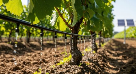 Vineyard Drip Irrigation System, Sustainable Farming with Solar Panel