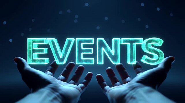 Glowing Blue Events Text Hovering Above Open Hands Against a Dark Background with Faint Stars for Technology Concept - Powered by Adobe