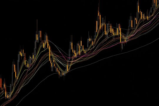 Abstract stock market chart with numerous lines and candlesticks. 