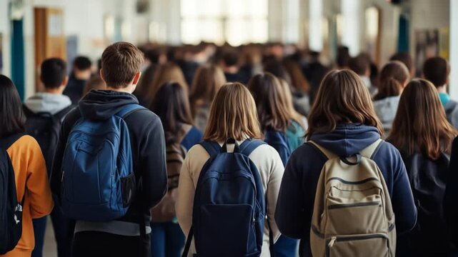 Students Walking: Back to School Crowd, Backpacks, Hallway