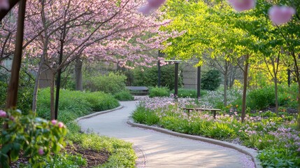 A path with a bench and a tree with pink flowers
