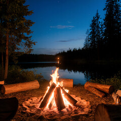 Nighttime Lakeside Campfire with Reflections