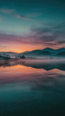 Fototapeta premium Winter Sunset Over Foggy Lake With Mountain Reflection
