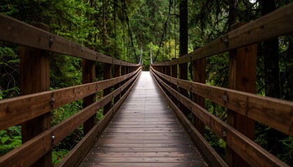 Wooden suspension bridge in lush forest