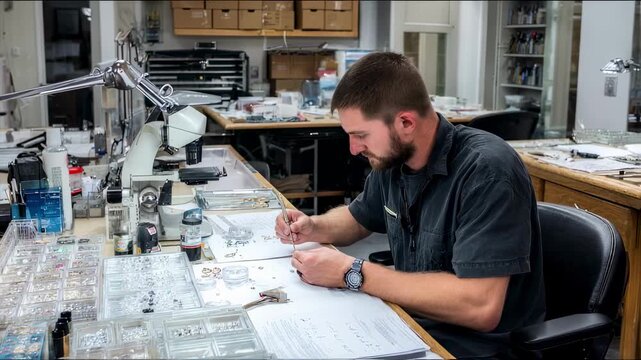 Lab workspace featuring gemologist focused on grading gemstones by clarity and cut surrounded by gem trays loupes and appraisal sheets.