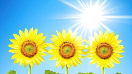Three vibrant sunflowers shining brightly under the summer sun against blue sky