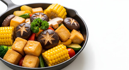 Sizzling Healthy Vegan Pan-Fried Tofu and Mixed Vegetables in a Cast Iron Skillet
