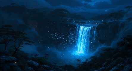 Enchanting Night Waterfall Luminescent Birds Tropical Forest Digital Art Print