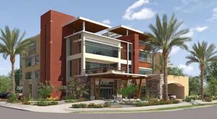Multi-story building, modern design, warm colors, stucco, wood accents, and landscaping, sunny day,  desert setting