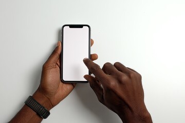 High-angle close-up view of dark-skinned hands holding a smartphone with a blank screen, finger touching the display, on a white background