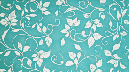 Teal background with white floral pattern swirling leaves and vines elegant design