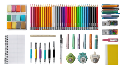 Assorted School Supplies Neatly Arranged on Transparent Background

