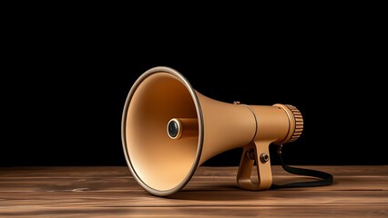 Vintage megaphone on wooden surface with dramatic lighting, evoking nostalgic and minimalist aesthetics.