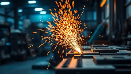 A close-up of a metal workshop with glowing sparks and dramatic lighting.