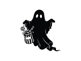 Vector silhouette of a ghost carrying candy for Halloween background