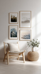 White Wall with Neatly Arranged Light Wood Frame Art on Transparent Background

