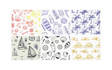 Whimsical seaside illustration featuring hand-drawn elements like surfboards, palm trees, sailing boats, beach cocktails, summer hats, seashells, marine life, and relaxing island vibes