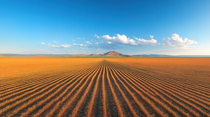Naklejka premium Arid landscape with parallel lines in the foreground and a distant hill.