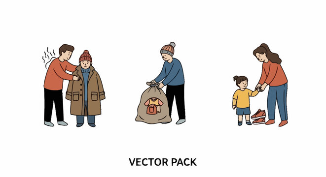 Illustrated depiction of clothing donation and assistance, portraying acts of kindness and support for vulnerable populations in need of warmth and comfort