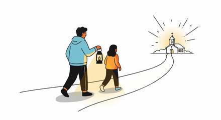 Guiding Light Illustration Featuring Father and Daughter Walking Towards Church, Symbolizing Faith, Hope, and Spiritual Journey for Religious Education
