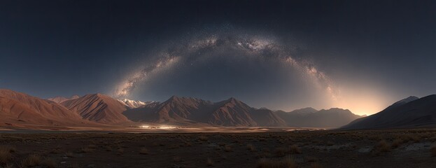 Majestic Milky Way arc above a mountain range.  Vast expanse of a desert landscape under a dramatic celestial display