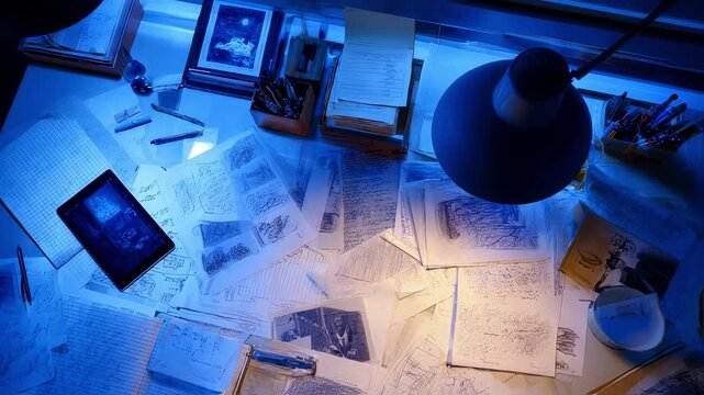 Overhead shot of a detectives workspace with scattered documents sketches and a digital tablet as evidence is crossreferenced under fluorescent lighting.